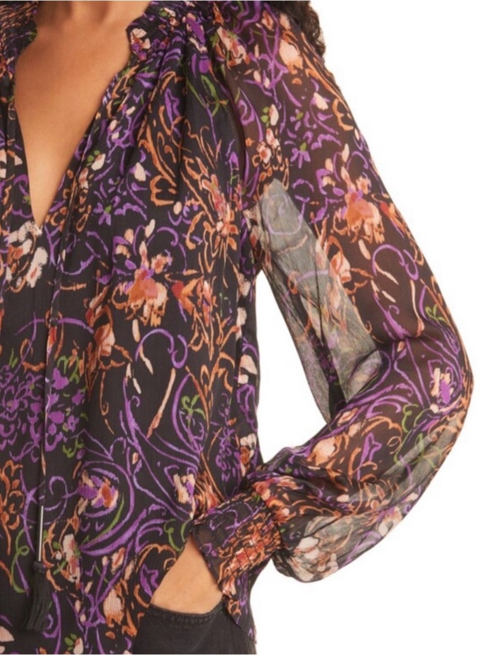 Ramy Brook Long Sleeved Black and Purple Blouse with Sheer Sleeves. Size XS
